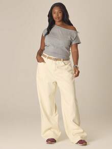 MUSERA Quần jeans ống đứng cỡ lớn, phong cách mùa xuân hè, dễ thương, ấm áp, mang hơi thở mùa xuân. - Màu be - Xem 1