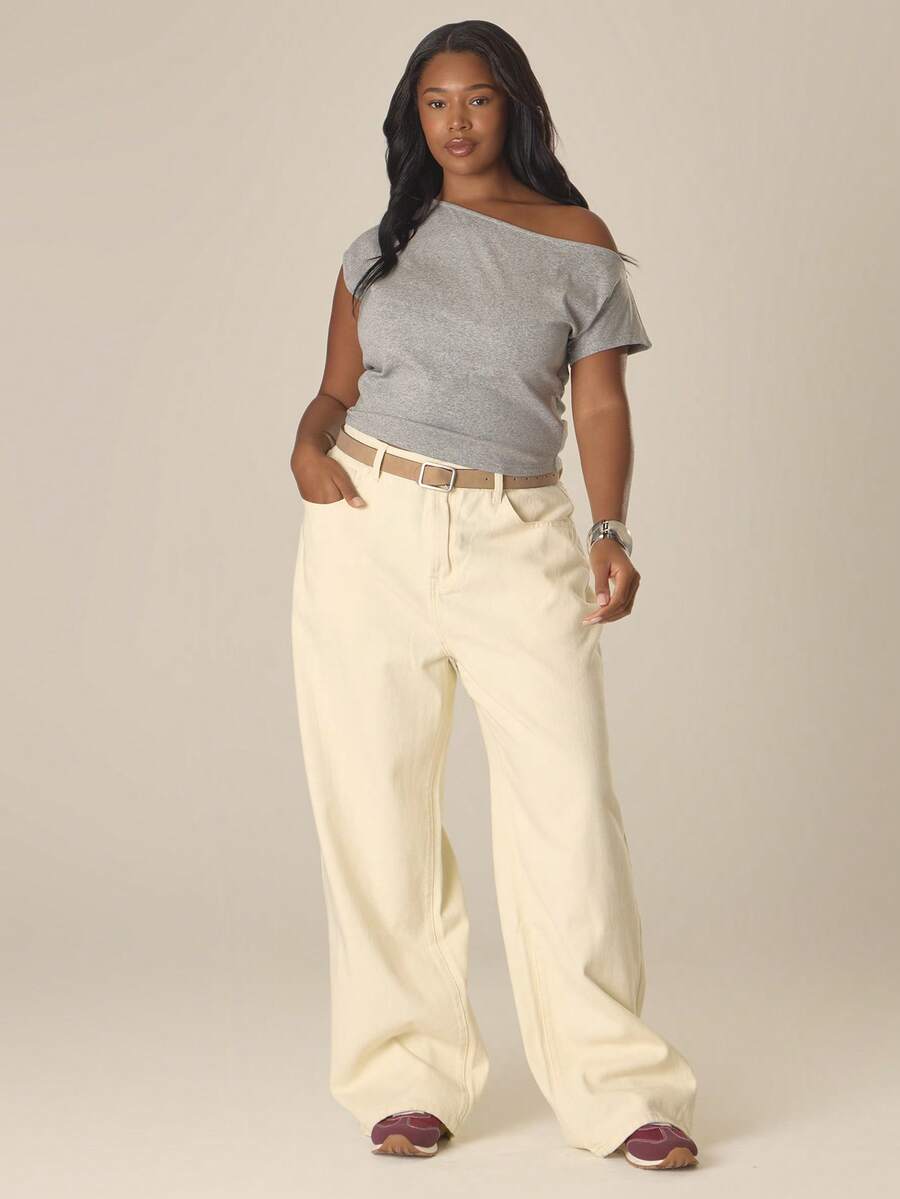 MUSERA Quần jeans ống đứng cỡ lớn, phong cách mùa xuân hè, dễ thương, ấm áp, mang hơi thở mùa xuân. - Màu be - Xem 1
