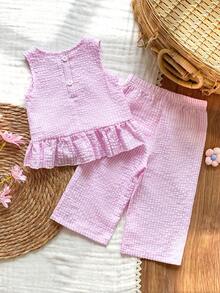 Vintaside Kids Bộ 2 món cho bé gái, áo không tay và quần dễ thương có nơ, kiểu dáng thường ngày. - Hồng - Xem 2