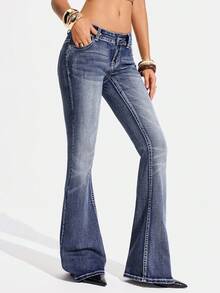 SHEIN Tall Women's Pocket Button Casual Versatile Daily Wear Flare Leg Jeans - Dark Wash - View 3