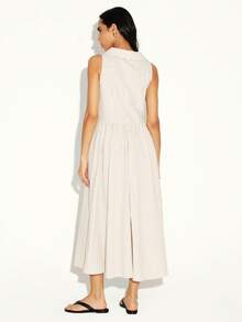 KSTM 春夏款无袖V领条纹中长衬衫裙，翻领设计，A字廓形飘逸。 - 彩色 - 查看 2