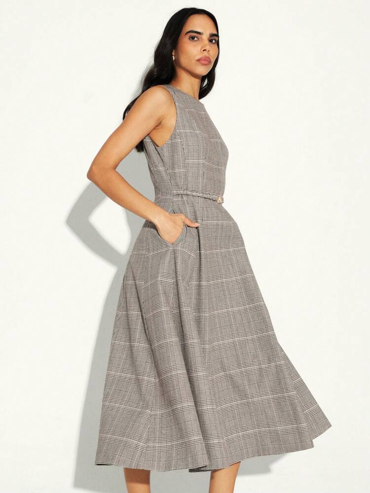 KSTM Plaid Sleeveless Midi Dress With Belt Round Neck A Line Fit Flare Professional Office Workwear Business Casual Fall Winter