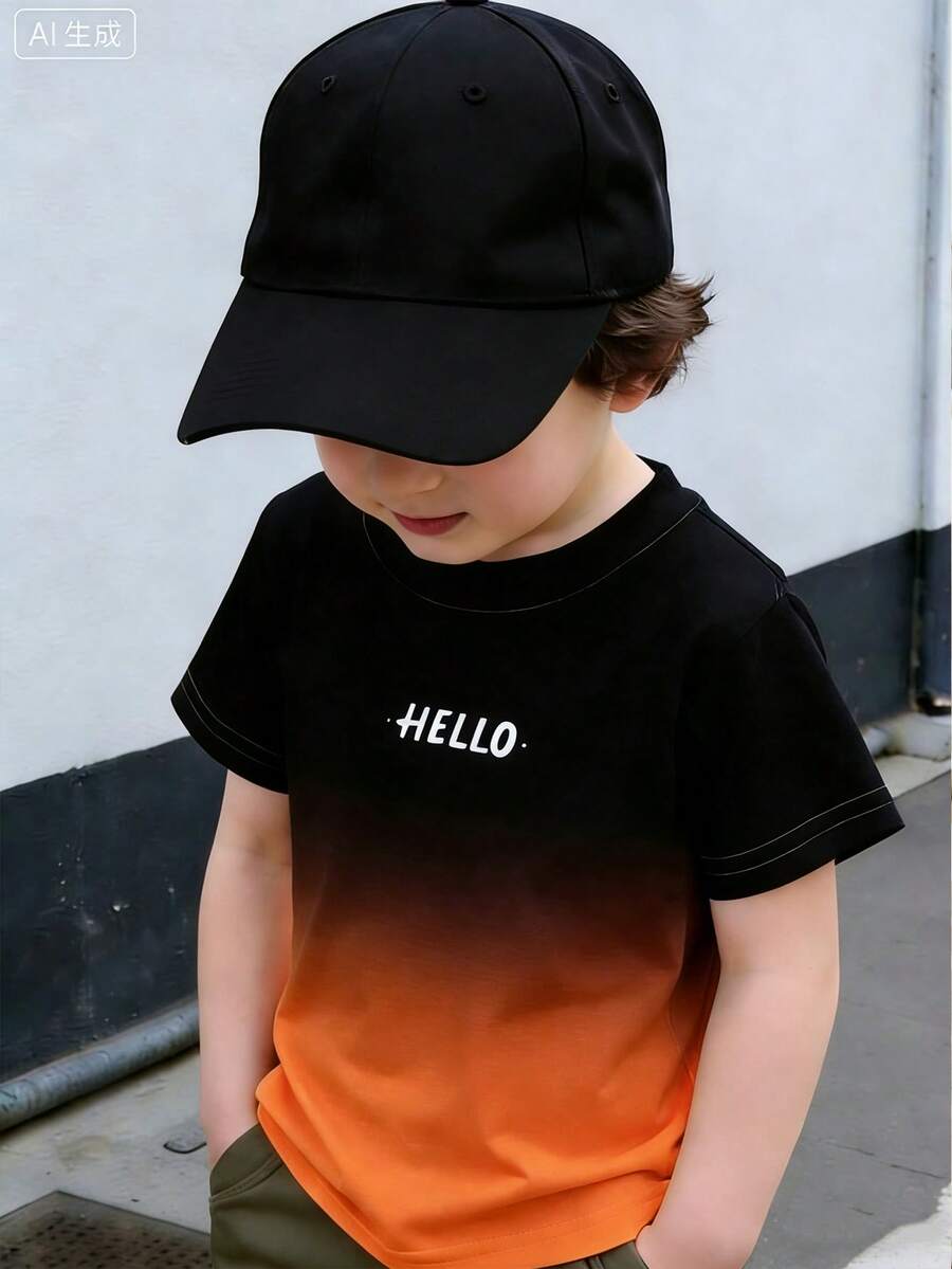 SHEIN 男婴夏季休闲海滩度假街头日常通勤字母渐变印花短袖T恤 - 黑色 - 查看 1