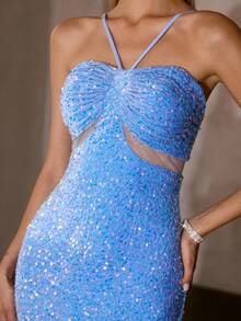 MOTF Soiréza 亮片撞色网纱鸡尾酒裙 - 藍色 - 查看 2