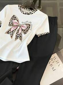 Resyla Women's Bow Print Round Neck Short Sleeve T-Shirt And Pants Casual 2-Piece Set - Multicolor - View 4