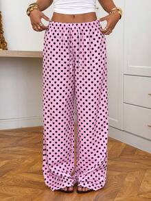 SHEIN EZwear 女士抽绳腰带波点休闲百搭阔腿裤，适合日常穿着 - 粉色 - 查看 5