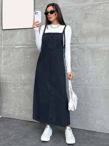 EURMUSE WOMEN LONG DENIM DRESS POCKET DETAILED - Navy Blue - View 5