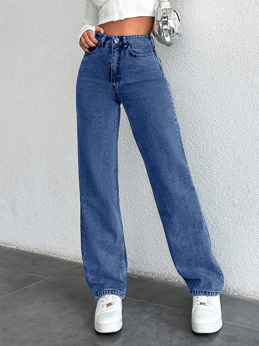 SHEIN PETITE 女款休閒做舊高腰直筒牛仔褲，適合嬌小女性 - 淺色水洗藍 - 查看 1
