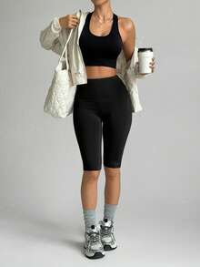 SHEIN Velisys 2pcs/Set High Waist Seamless Black Fitted Sports Shorts - Black - View 5