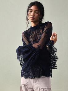 SoleilVie Women's Mandarin Collar Raglan Sleeve Elegant Blouse - Royal Blue - View 5