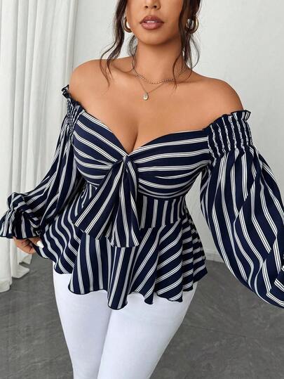 Blusa casual de manga larga y hombros descubiertos para vacaciones, talla grande