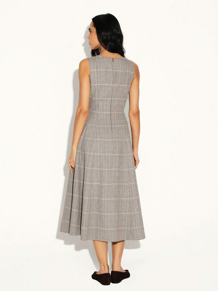 KSTM Plaid Sleeveless Midi Dress With Belt Round Neck A Line Fit Flare Professional Office Workwear Business Casual Fall Winter
