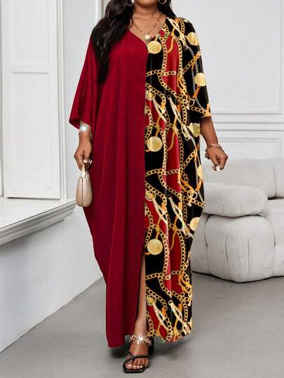 SHEIN Lady Plus Size V-Neck Short-Sleeved Red Patchwork Loose Casual Dress Vacation Dress Robe Summer Dress Spring Dress Red Jalabiyas Casual Dresses For Women Vacation Outfits Women Vacation Outfits Women Holiday Floral Dress