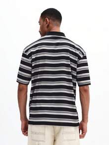 SUMWON Men Oversized Black White Horizontal Striped Short Sleeve Polo Shirt Classic Collar Button Front Casual Summer Spring Streetwear Vintage Relaxed, Polo Blouse For Men, Oversized Polo - Multicolor - View 2