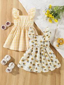 SHEIN Set de 2 vestidos de verano sin mangas con botones y estampado floral para niñas bebé - Amarillo - Ver 4