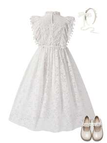 Elladie kids 夏季女童白色蕾丝提花连衣裙，饰有蓬松绒球，优雅舒适，适合日常穿着、聚会和派对。 - 白色 - 查看 4