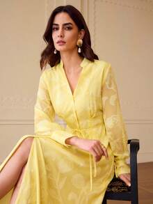 ZEYLAH Women's Elegant Commuter Solid Color Cutout Front Button Long Dress - Yellow - View 7