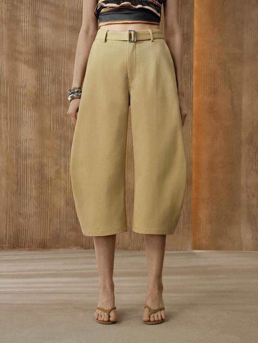 SHEIN Women's High-Waisted A-Line Wide-Leg Cropped Trousers With Belt,Khaki,Summer,Elegant Unique,Date Casual Vacation Spring Office Work Outfits Clothing - Khaki - View 1