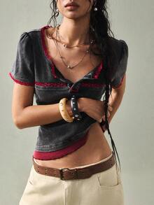 SoleilVie 女士休闲针织撞色蕾丝短袖修身T恤 - 黑色 - 查看 5