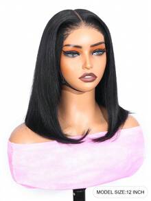 Yaki 直发短波波头假发，真人发，5x5，预处理，无胶假发，蕾丝前假发，真人发，预拔毛发际线，即戴即用，预剪裁，无胶真人发假发，180% 密度 - Natural Black - 查看 2