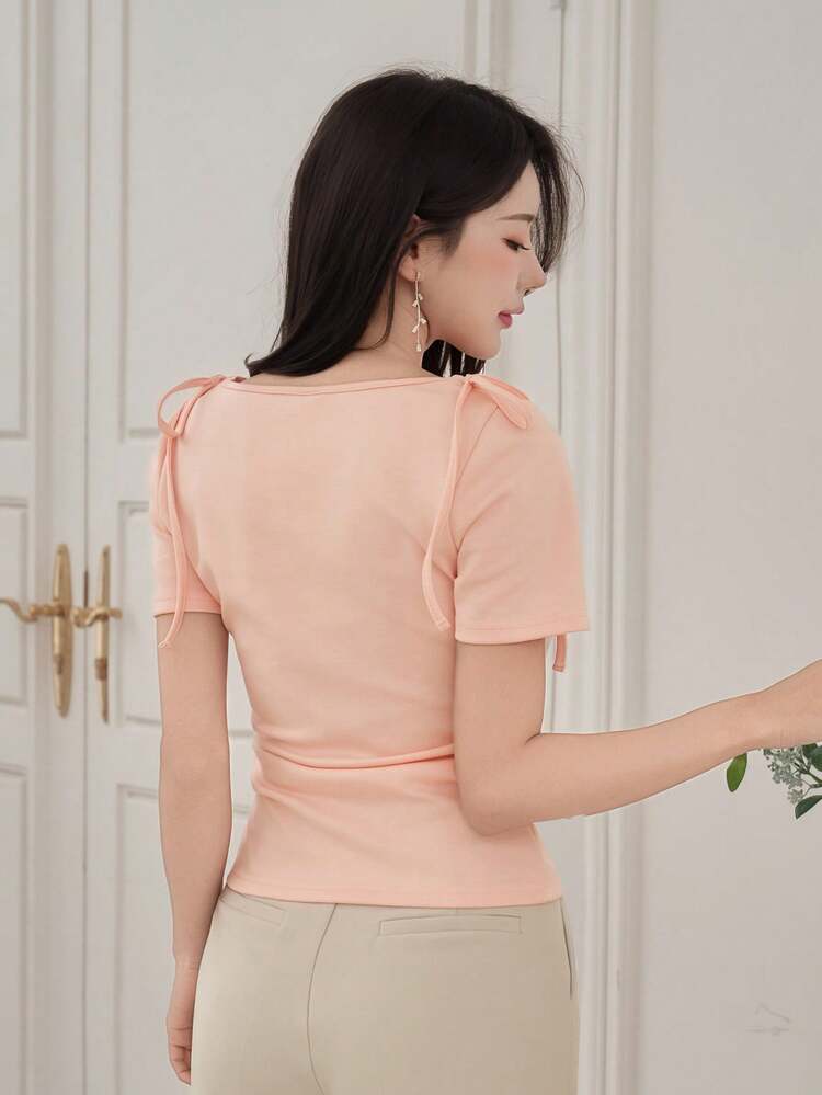 Women's Elegant Solid Color Tie Front T-Shirt, Summer