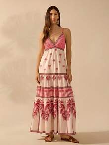 CAJUNI Vestido de mujer estilo boho con estampado tropical de árbol de coco, escote en V y tirantes finos, vestido casual de playa para vacaciones de verano - Multicolor - Ver 4