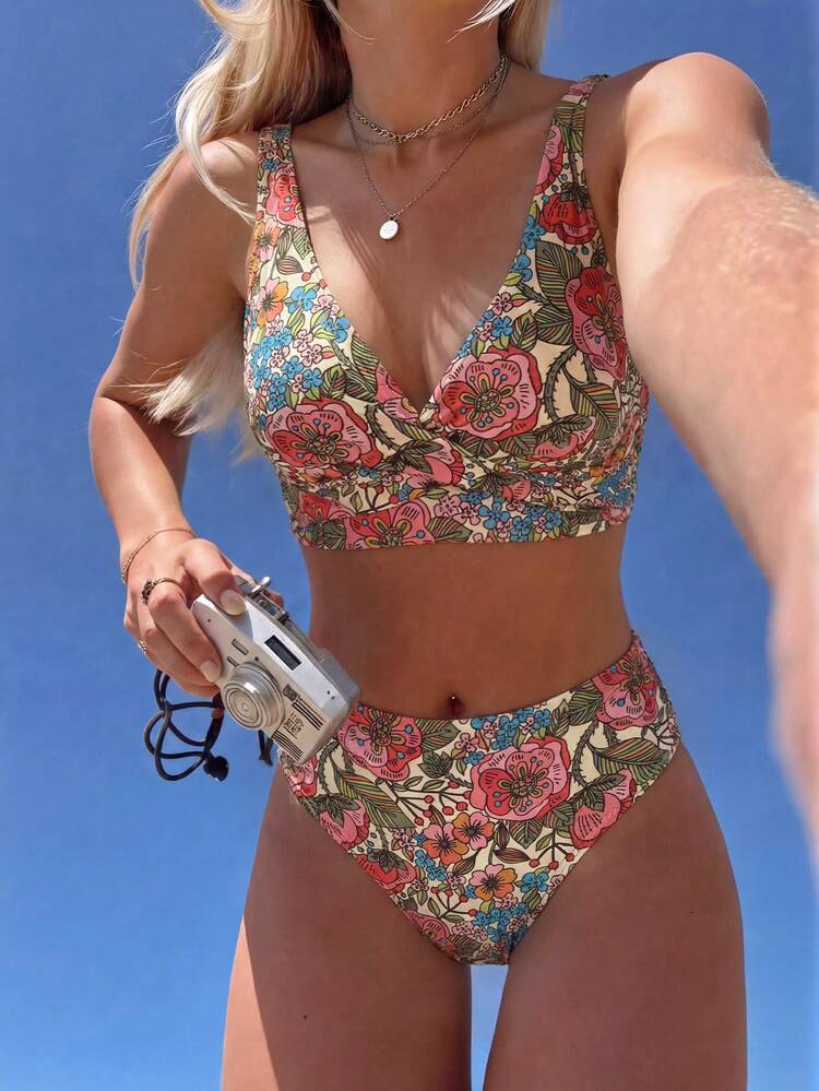 Swim Mod Ensemble de bikini à imprimé floral pour les vacances à la plage, 2 pièces, maillot de bain à fleurs, bikini de vacances, bikini à fleurs, bikini fleuri - Multicolore - Voir 1