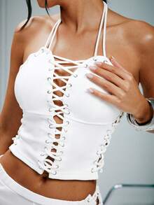 Denimoi Sexy Lace Up Halter Top Concert GNO Clubwear Sexy Top - White - View 1