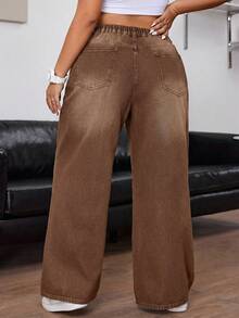 SHEIN ICON Jeans de talla grande para mujer de cintura alta con bolsillos y pierna ancha, de estilo casual y holgado - Café integral - Ver 2