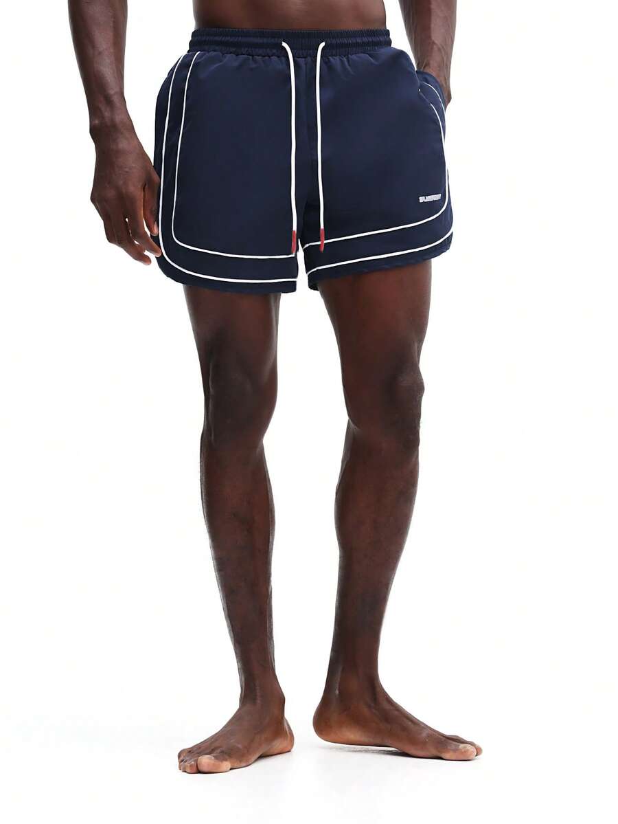 SUMWON Quần bơi nam màu xanh hải quân, gấu quần cong, viền trắng tương phản, thích hợp cho mùa hè đi biển, cạp chun. - Màu xanh hải quân - Xem 1