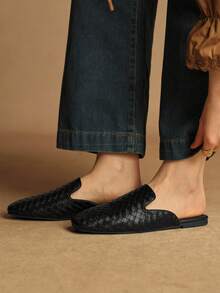 Rosivie Zapatos planos de mujer con punta cuadrada y fácil de poner, de estilo tejido y versátil - Negro - Ver 2