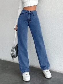 SHEIN PETITE 女款休閒做舊高腰直筒牛仔褲，適合嬌小女性 - 淺色水洗藍 - 查看 3