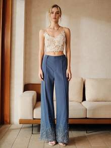 Anewsta Quần tây thêu đính cườm thanh lịch dành cho người đi làm - Màu xanh lam - Xem 9