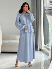 Mulvari 女士蕾丝边系领灯笼袖上衣和半裙休闲两件套 - 藍色 - 查看 4