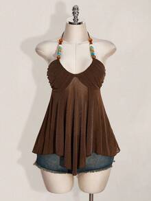 SHEIN ICON Áo nghỉ mát gợi cảm hở lưng cổ yếm lấp lánh dành cho nữ - màu nâu - Xem 7