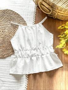 Vintaside Kids 1件女童无袖露脐上衣，白色简约荷叶边下摆设计吊带背心，适合叠穿 - 白色 - 查看 2