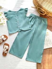 Vintaside Kids Bộ đồ thể thao cho bé gái gồm áo thun ngắn tay chất liệu vải có họa tiết, thiết kế cài cúc phía sau và quần dài kiểu dáng thường ngày. - màu xanh lá - Xem 2