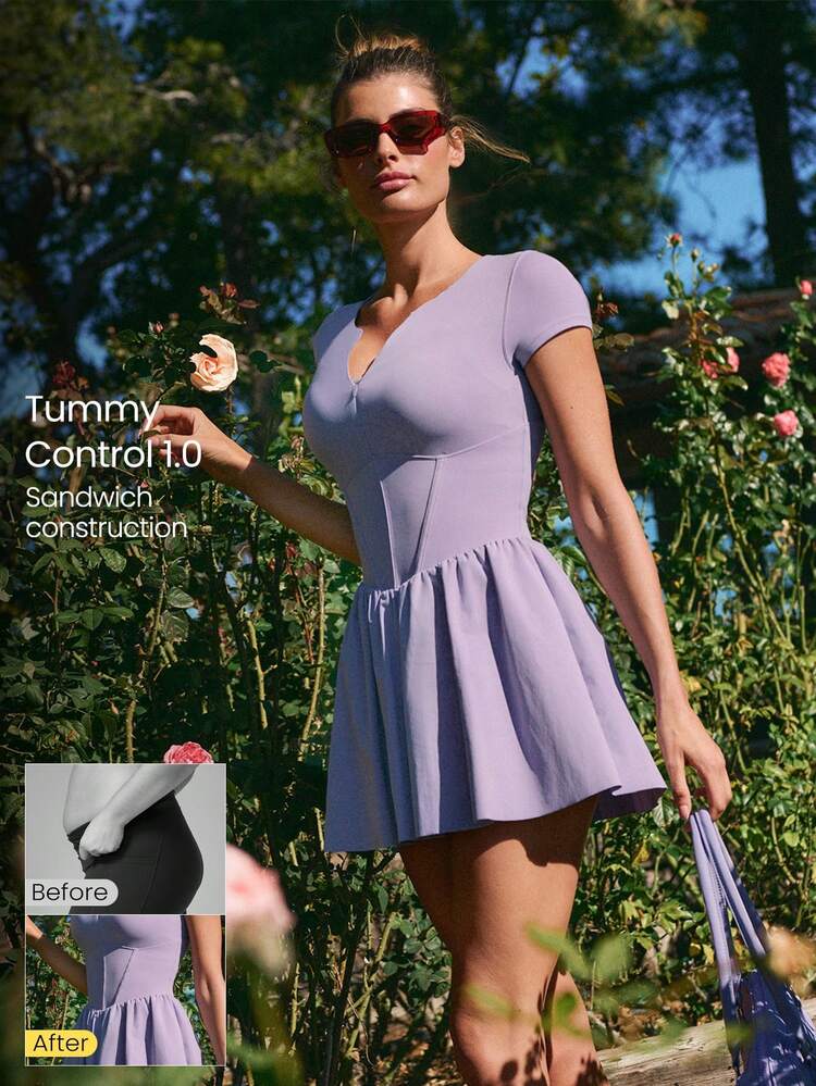 Ace The Day ハーフジップ プラケット お腹コントロール 一体型ショーツ キャップスリーブ サイドポケット 滑り止めグリップ テニスドレス ローインパクト テニス ゴルフ ピックルボール デイリーカジュアルウェア