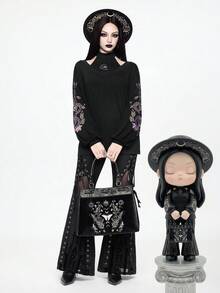 ROMWE Spring/Summerblack2pcs Gothic Snake Skin Floral Embroidery Design Women Set, Camisole + Outerwear Top - Black - View 1