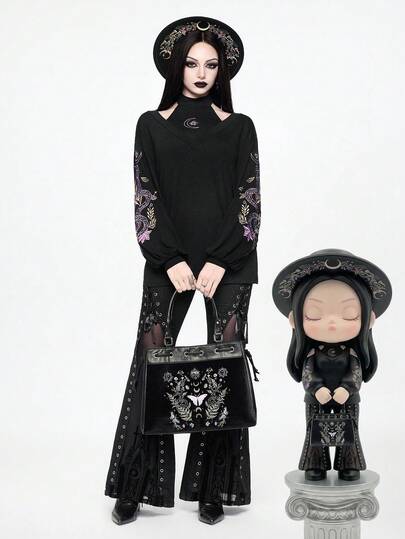 ROMWE Spring/Summerblack2pcs Gothic Snake Skin Floral Embroidery Design Women Set, Camisole + Outerwear Top