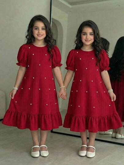 SHEIN Vestido de niña preadolescente de cuello redondo de unicolor tejido con mangas abullonadas y cuentas