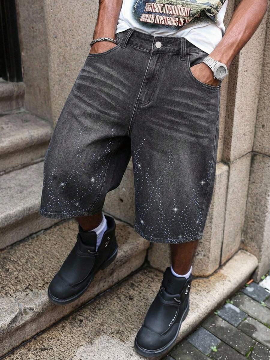 ROMWE MEN Street Life 男士水钻装饰撞色口袋休闲牛仔短裤 - 黑色 - 查看 1