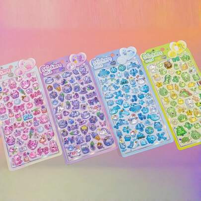 1张/4张3D立体浮雕贴纸 - 可爱猫咪、恐龙、兔子、企鹅卡通动物装饰贴纸，DIY剪贴簿材料