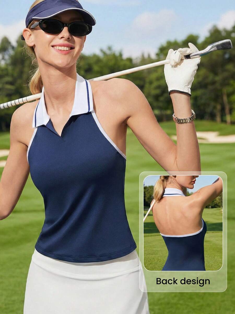 Gameset SHEIN Sport Polo da golf senza maniche con blocchi di colore per donna - Blu Navy - Visualizzare 1