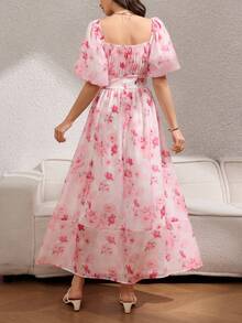 Rafferiza Women's Elegant Printed Belted A-Line Dress - Pink - View 2