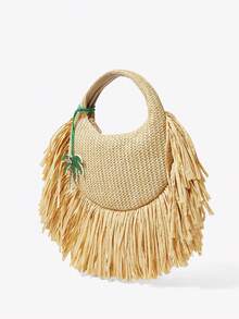 Viva Strut 1 chiếc túi xách nữ, túi cói, túi đan bằng rơm, có tua rua, mặt dây chuyền hình cây dừa đính đá và hạt cườm màu xanh lá cây, thời trang, thanh lịch, đơn giản, cá tính, đa năng, thích hợp cho bãi biển, kỳ nghỉ, mùa hè, ven biển, tiệc bãi biển, lễ hội âm nhạc. - Màu Khaki - Xem 2