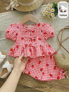Cozy Pixies 2pcs Baby Girl Strawberry Pattern Round Neck Puff Sleeve Cardigan Shirt And Elastic Waist Pants Set Toddler Checkered Outfit Cotton Clothing For Baby Girls Strawberry Toddler Outfit Baby Girl Cotton Outfit Baby Girl Checkered Outfit - Multicolor - View 2