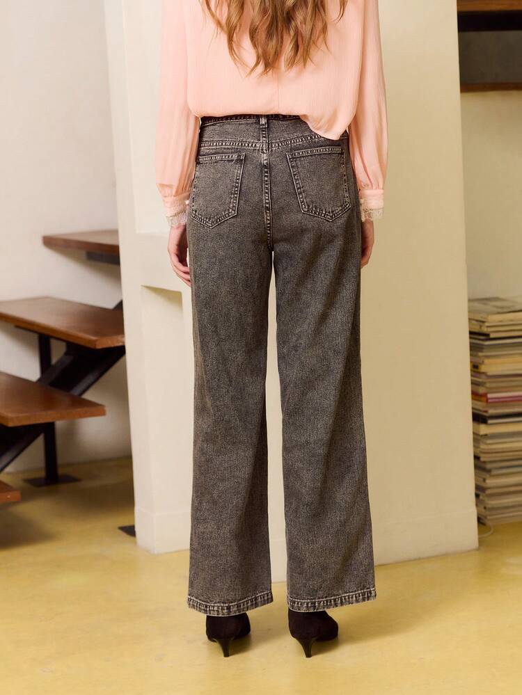 Black Washed Wide-Leg Low-Rise Jeans, Daily Casual French Style Parisian Style Jeans Cotton Pants
