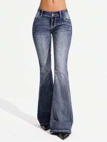 SHEIN Tall Women's Pocket Button Casual Versatile Daily Wear Flare Leg Jeans - Dark Wash - View 1