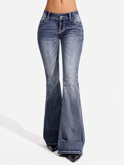 SHEIN Tall Women's Pocket Button Casual Versatile Daily Wear Flare Leg Jeans